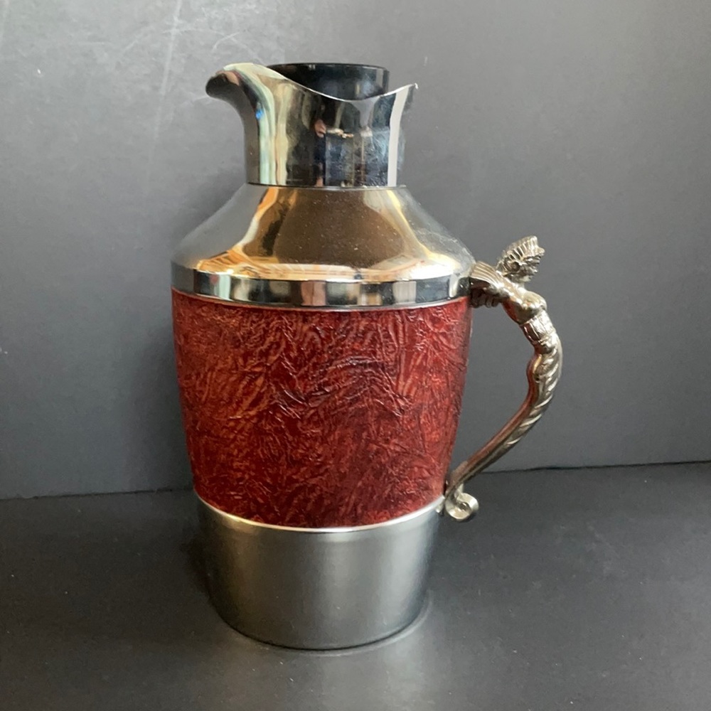 Vintage Japan Water Pitcher Jug Barware Ornate Art Deco Handle Faux Leather